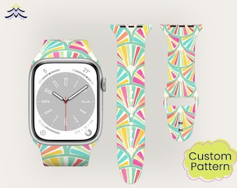Asian Fan Apple Watch Band, Colorful Mahjong Silicone Strap, Chinoiserie Inspired Watch Band