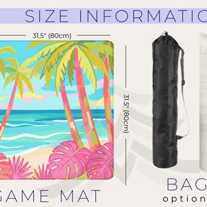 May include: A game mat with a tropical beach scene, featuring palm trees, ocean, and pink foliage. The mat measures 31.5 inches (80cm) on each side. A black bag and a white rolled item are shown as bag options.