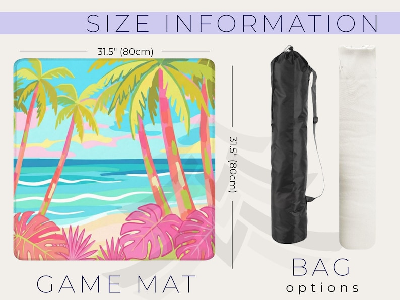 May include: A game mat with a tropical beach scene, featuring palm trees, ocean, and pink foliage. The mat measures 31.5 inches (80cm) on each side. A black bag and a white rolled item are shown as bag options.