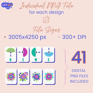 May include: Digital PNG files featuring fan and floral designs. The image includes eight tiles with colorful fan and floral illustrations, along with the text "Individual PNG File" and "Digital PNG Files Included."