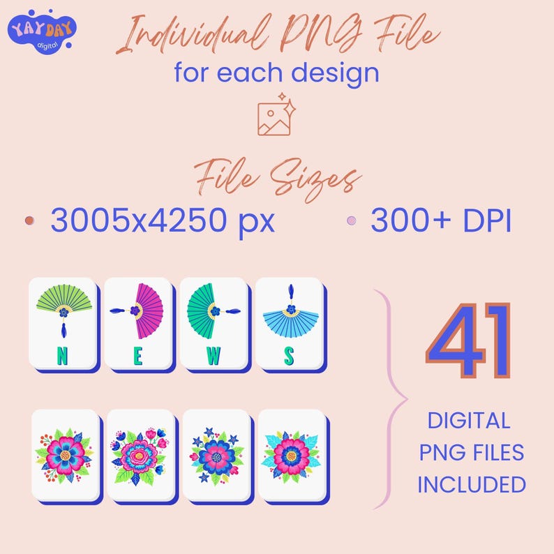 May include: Digital PNG files featuring fan and floral designs. The image includes eight tiles with colorful fan and floral illustrations, along with the text "Individual PNG File" and "Digital PNG Files Included."