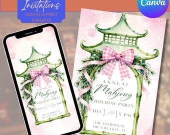 Holiday Mahjong Party Invitation Template | Christmas Game Night Invite | Printable & Digital Canva Download