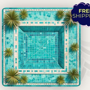 May include: An overhead view of a square swimming pool with turquoise water and mosaic tile detailing. The pool is surrounded by a border of white and teal tiles, with several green palm tree illustrations around the edges. The words "FREE SHIPPING" are in a dark blue cloud.