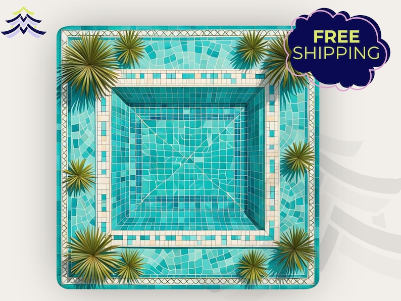 May include: An overhead view of a square swimming pool with turquoise water and mosaic tile detailing. The pool is surrounded by a border of white and teal tiles, with several green palm tree illustrations around the edges. The words "FREE SHIPPING" are in a dark blue cloud.