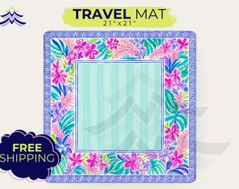 Travel Sized Tropical Mahjong Mat, Greek Key Floral Mahjong, Not Neoprene, Non Slip Backing, Preppy Mahjong Mat