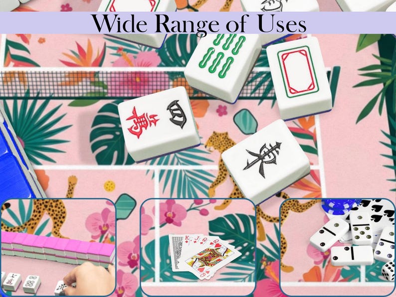 May include: A collection of white Mahjong tiles with red and black symbols, arranged on a pink floral patterned surface. The image also shows dominoes and playing cards, with the text "Wide Range of Uses" at the top.