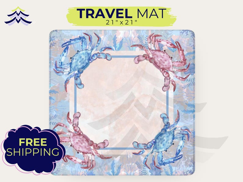 May include: Square travel mat with a watercolor design featuring four crabs in shades of blue and pink. The mat is 21 x 21 inches and has a light blue border. The background has a light blue and peach chevron pattern.