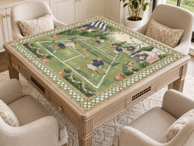May include: A square wooden coffee table with a painted tennis court scene on the tabletop. The artwork features cheetahs playing tennis on a green court, surrounded by a decorative border. The table is light brown and has four legs.