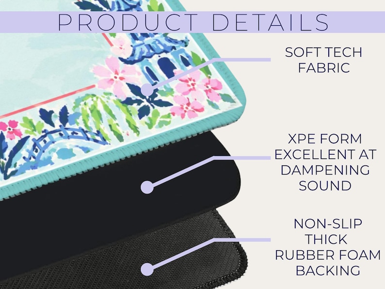 May include: A close-up of a mousepad with a floral and architectural design in shades of blue, pink, and green. The mousepad features a soft tech fabric, XPE form for sound dampening, and a non-slip rubber foam backing. The text "PRODUCT DETAILS" is visible.