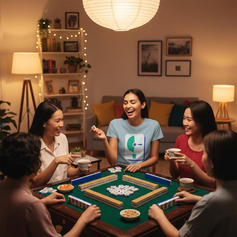 May include: A group of five women are gathered around a green-felted mahjong table, laughing and playing. The table is filled with tiles and snacks. One woman wears a light blue t-shirt with a graphic design. The room is warmly lit.