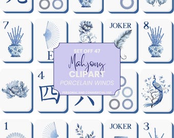 May include: A collection of blue and white Mahjong tiles with various designs, including floral patterns, bamboo, and a butterfly. The set includes tiles with numbers, Chinese characters, and the word "Joker". The text "Mahjong Clipart" is visible.