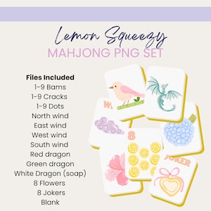 May include: A digital Mahjong PNG set titled "Lemon Squeezy" with various tiles featuring illustrations of a pink bird, a green dragon, lemons, and flowers. The set includes tiles for Bams, Cracks, Dots, winds, dragons, flowers, jokers, and blank tiles.