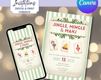 Holiday Mahjong Party Invitation Template | Christmas Game Night Invite | Printable & Digital Canva Download | Merry Mahjmas