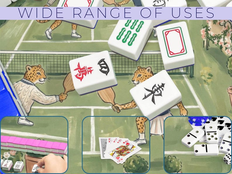 May include: An illustration showcasing a variety of games. The image features Mahjong tiles, playing cards, and dominoes. The text "WIDE RANGE OF USES" is displayed at the top. The background depicts a tennis court with cheetah-like figures playing.