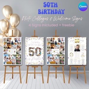 50th Birthday Welcome Sign and Photo Collage Editable | Printable Photo Collage Poster Set of 4 | Canva Template | 1975 Birthday