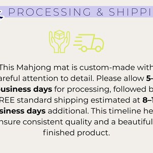 May include: Text on a light background reads "PROCESSING & SHIPPING." Below, it states a Mahjong mat is custom-made with attention to detail. The text mentions processing and shipping times, and the goal of ensuring quality.