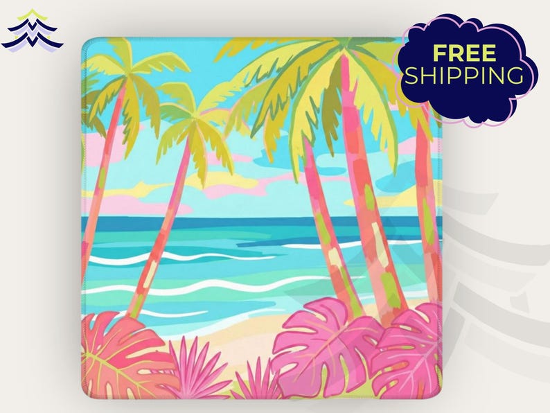 May include: Square decorative item with a tropical beach scene. The artwork features palm trees with pink trunks, turquoise water, and a sandy beach. The sky is a mix of blue, pink, and yellow. The text "FREE SHIPPING" is in a dark blue cloud.