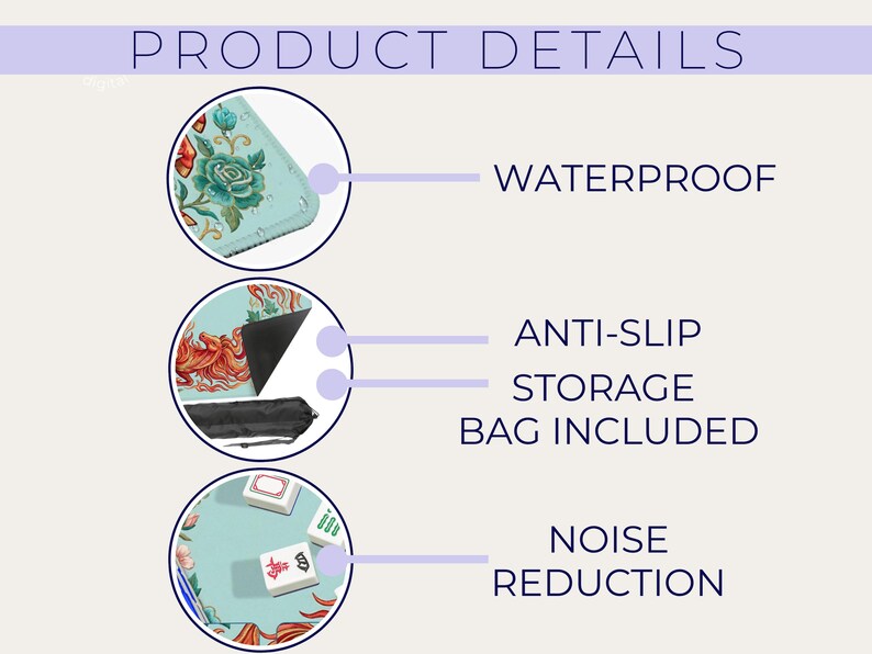 May include: Image showing product details with the text "PRODUCT DETAILS". The image highlights features: waterproof, anti-slip, storage bag included, and noise reduction. The product has a floral design.