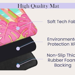 May include: High Quality Mat with a tropical design featuring pink leaves and a colorful background. The mat is made of Soft Tech Fabric, Environmental Protection XPE, and Non-Slip Thick Rubber Foam Backing.