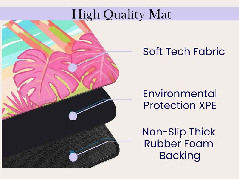May include: High Quality Mat with a tropical design featuring pink leaves and a colorful background. The mat is made of Soft Tech Fabric, Environmental Protection XPE, and Non-Slip Thick Rubber Foam Backing.