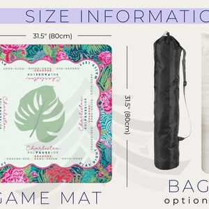 May include: A game mat with a floral design, measuring 31.5 inches (80cm) square, featuring a large green leaf and the word "Charleston." Includes a black carrying bag and a white rolled-up mat. The text "GAME MAT" is at the bottom.