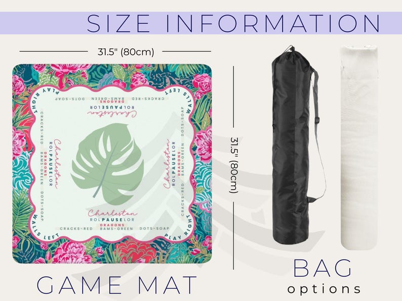 May include: A game mat with a floral design, measuring 31.5 inches (80cm) square, featuring a large green leaf and the word "Charleston." Includes a black carrying bag and a white rolled-up mat. The text "GAME MAT" is at the bottom.
