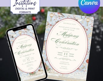 Holiday Mahjong Party Invitation Template | Christmas Game Night Invite | Printable & Digital Canva Download