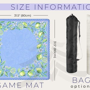 May include: A square game mat with a light blue background and a border of green lemons and white flowers. The mat is 31.5 inches (80cm) square. A black bag and a white rolled item are shown as bag options.