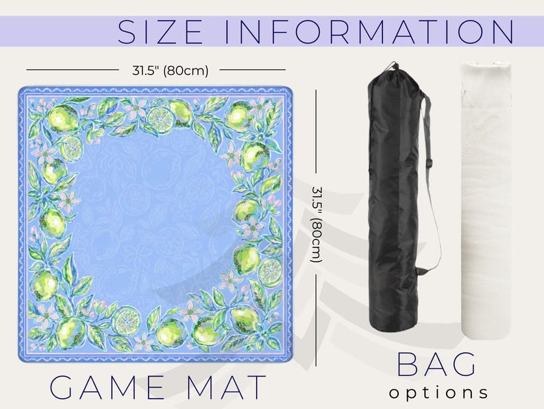 May include: A square game mat with a light blue background and a border of green lemons and white flowers. The mat is 31.5 inches (80cm) square. A black bag and a white rolled item are shown as bag options.