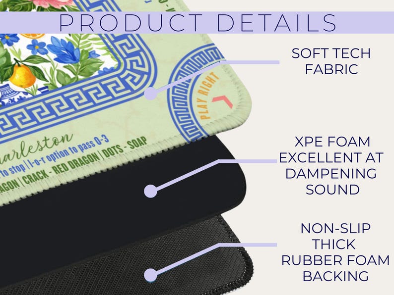 May include: A close-up of a mousepad with a floral design and blue Greek key border. The mousepad has a soft tech fabric, XPE foam for sound dampening, and a non-slip rubber foam backing. Text on the mousepad reads "Charleston".