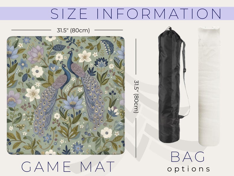 May include: A game mat with a floral peacock design, measuring 31.5 inches (80cm) square. The mat features a sage green background with blue, purple, and white flowers. A black bag and a white rolled item are shown as options.