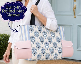 Mahjong Mat Carrying Bag with Rolled Mat Sleeve, Blue Ikat Mah Jongg Tote, Zippered Game Night Organizer, Mahjong Gift