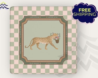 Leopard Garden Mahjong Mat – Preppy Chinoiserie Animal Print Mahjong Playing Mat, Green Checkered, Grandmillennial Game Table Decor