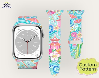 Asian Floral Apple Watch Band, Pagoda Mahjong Silicone Strap, Colorful Chinoiserie iWatch Band