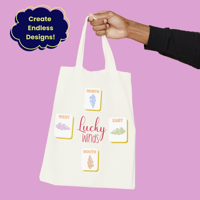 May include: Cream-colored tote bag with the words "Lucky Winds" and four directional designs. The bag is held by a person. The top left corner has a cloud-shaped graphic with the text "Create Endless Designs!"