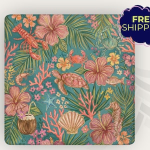 May include: Square teal coaster with a tropical design featuring a lobster, crabs, sea turtle, seahorse, fish, and hibiscus flowers. Coral and palm fronds complete the underwater scene. A coconut drink with a straw is also included in the design.