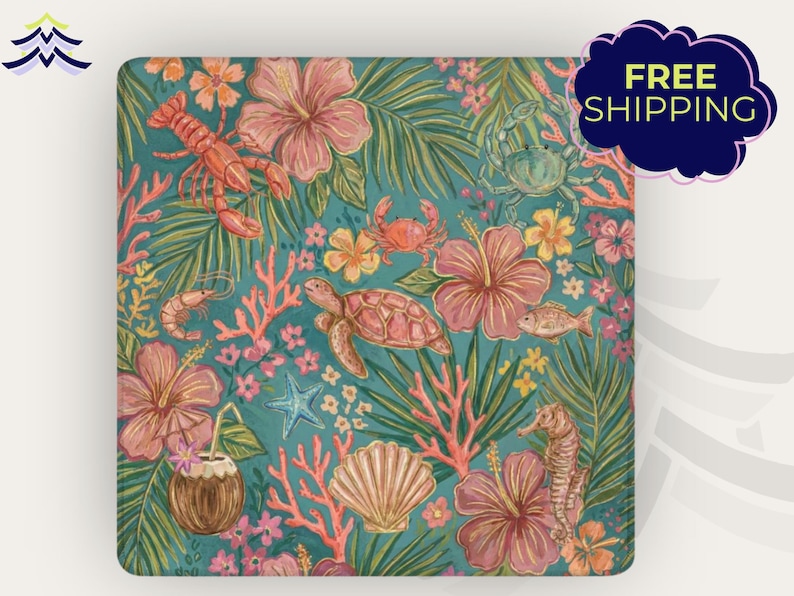 May include: Square teal coaster with a tropical design featuring a lobster, crabs, sea turtle, seahorse, fish, and hibiscus flowers. Coral and palm fronds complete the underwater scene. A coconut drink with a straw is also included in the design.