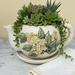 Handpainted Floral Teapot Planter: White Ceramic Pot with Saucer, Farmhouse Clay Cottage Style