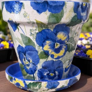 Blue Pansy Decoupage Flower Pot with Saucer: Cottagecore Terracotta Planter