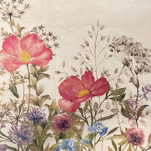 May include: A decorative paper napkin featuring a botanical illustration on a cream background. The design displays vibrant pink flowers with yellow centers, alongside smaller blue and purple blossoms, green foliage, and delicate brown seed heads.