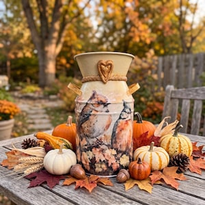 May include: A cream-colored metal milk can featuring a painted design of two birds perched among autumn leaves. The vessel has two side handles and a decorative heart emblem on the neck, surrounded by small pumpkins, gourds, and pinecones.
