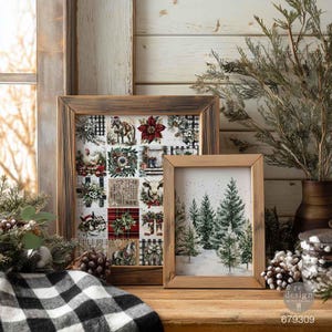 May include: Two rectangular wooden frames containing decorative prints. The larger frame displays a grid of Christmas-themed images including a horse, cow, poinsettia, and plaid patterns. The smaller frame features a snowy forest with pine trees.