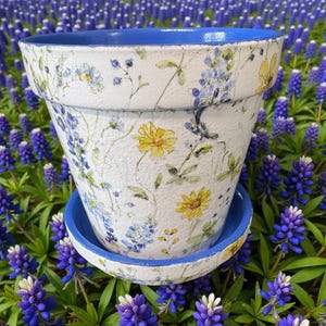 May include: A white ceramic flower pot with a blue rim and matching saucer. The pot is decorated with a floral pattern in yellow, blue, and green. The pot is sitting in a field of purple flowers.