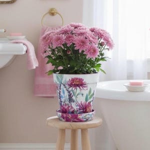 Hand crafted Flower Pot Pink Interior Planter Gift Plant Enthusiast Botanical Holder Chrysanthemum Artwork Ceramic Container Drainage Saucer