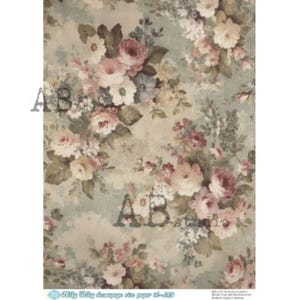 May include: A sheet of decoupage rice paper featuring a repeating floral pattern with clusters of roses and smaller blossoms in shades of dusty pink, cream, and muted sage green against a soft, weathered, light beige and pale blue background.