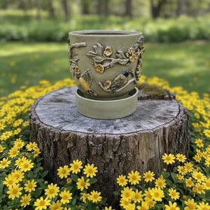 Sage Green Planter Drainage Hole Clay Pot Ceramic Succulent Cherry Blossom Handcrafted Container Indoor Herb Kitchen Windowsill Desk Cactus