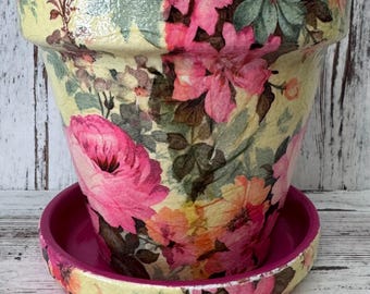 Handmade Vintage Floral Terracotta Planter: Rose Pattern, Yellow Background, Glossy Finish, Indoor Garden Container
