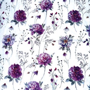 May include: A white paper napkin featuring a repeating botanical pattern of deep purple peonies and delicate wildflowers with thin green stems and leaves. The floral design is distributed across the surface in a balanced, repeating arrangement.