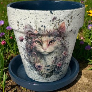 Handpainted Cat & Floral Terracotta Planter with Saucer: Rustic Cottagecore Decor
