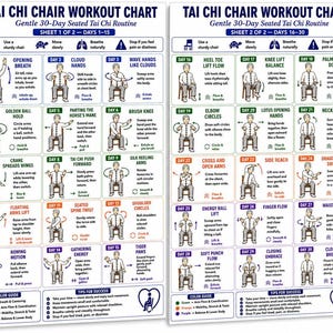 May include: A two-part Tai Chi Chair Workout Chart detailing a 30-day seated routine. Each sheet features numbered daily exercise boxes with illustrations of a person in a chair, instructional text, and color-coded guides for movement and breathing.